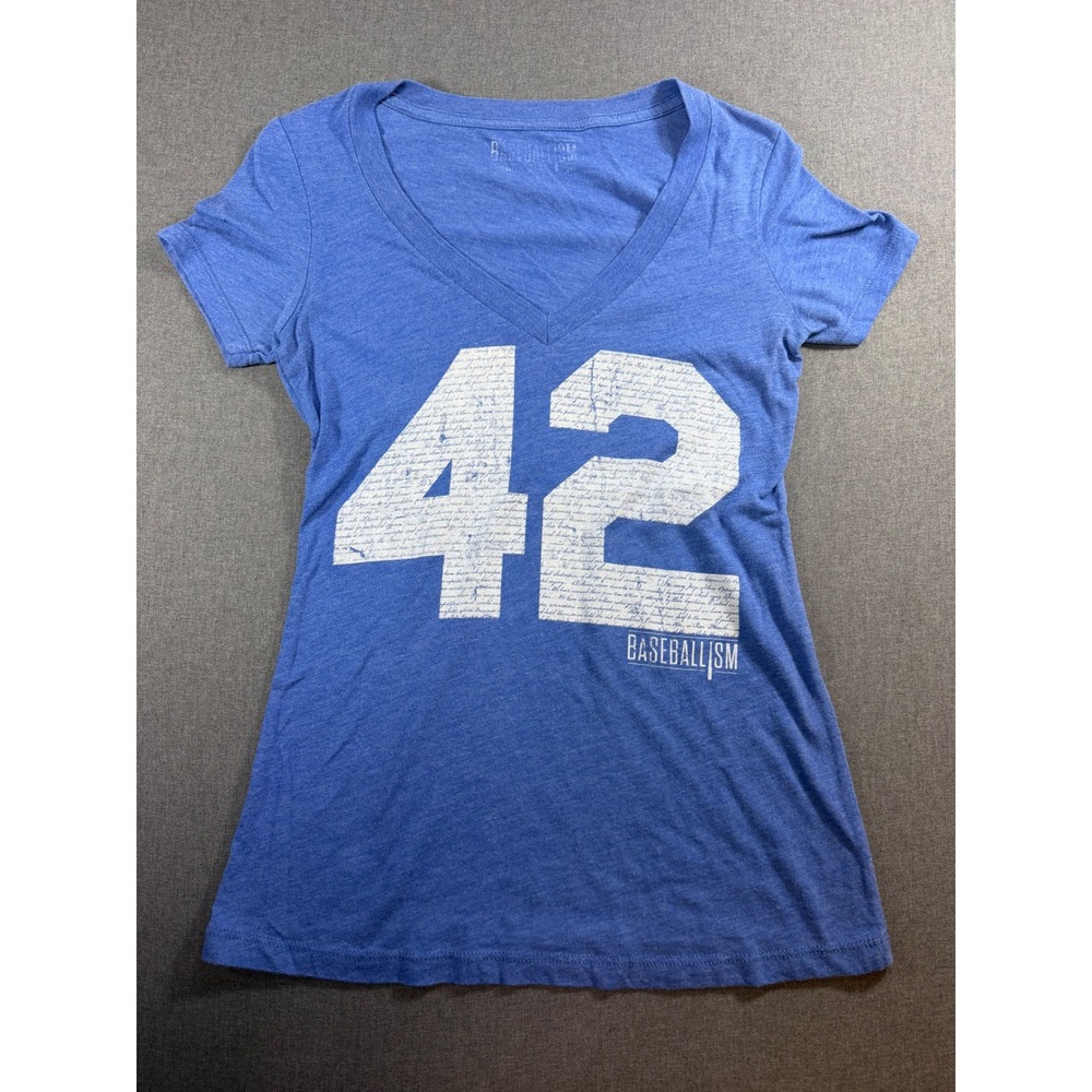 Baseballism Jackie Robinson 42 Blue Heather V-Neck Graphic T-Shirt Womens Small